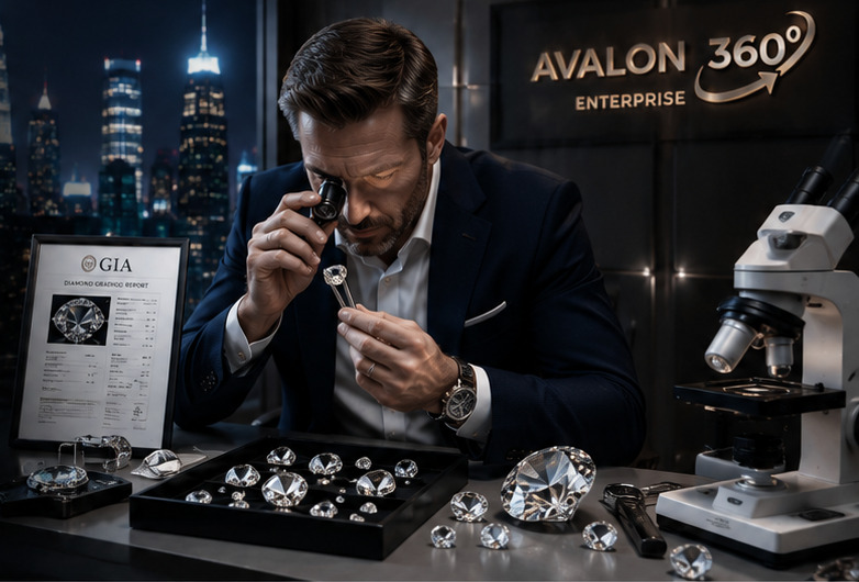Gemologist inspecting a polished diamond with a loupe beside GIA certification and loose stones