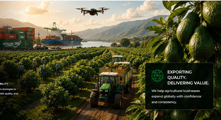 Avocado plantation with tractors, harvest drone and a container ship at port