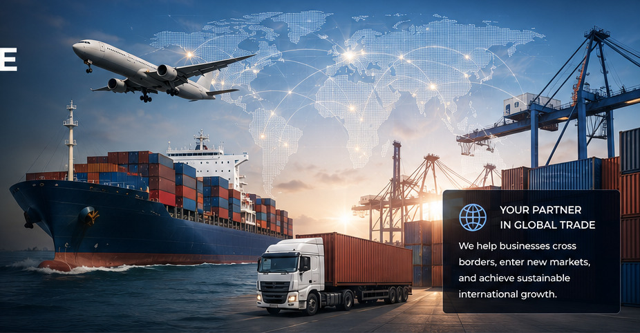 Container ship, freight aircraft and haulage truck at a port with global trade routes overlaid