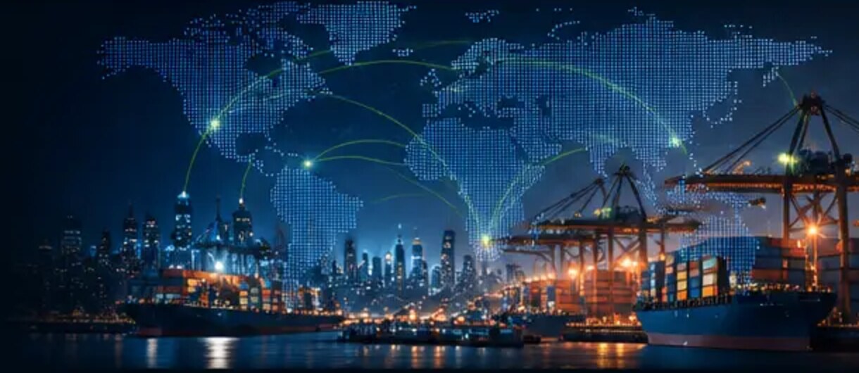 Global shipping network over a container port at night
