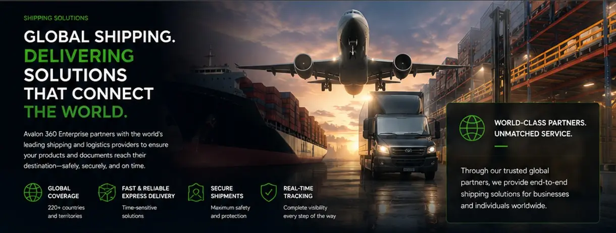 Air, ocean and ground freight converging at a global shipping terminal