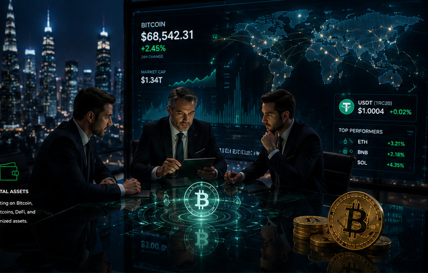 Advisors reviewing live crypto market data with Bitcoin holograms and coins