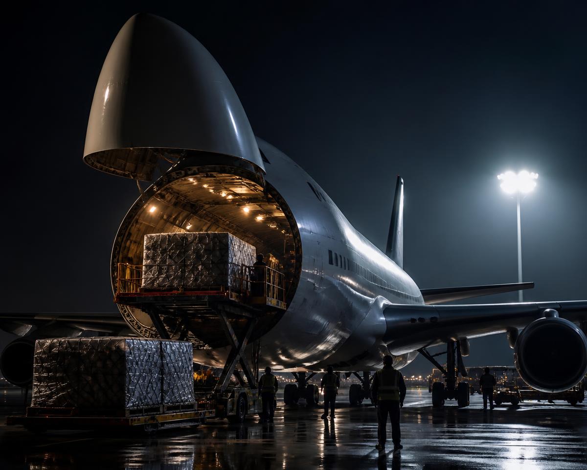 Cargo freighter aircraft being loaded with air freight pallets