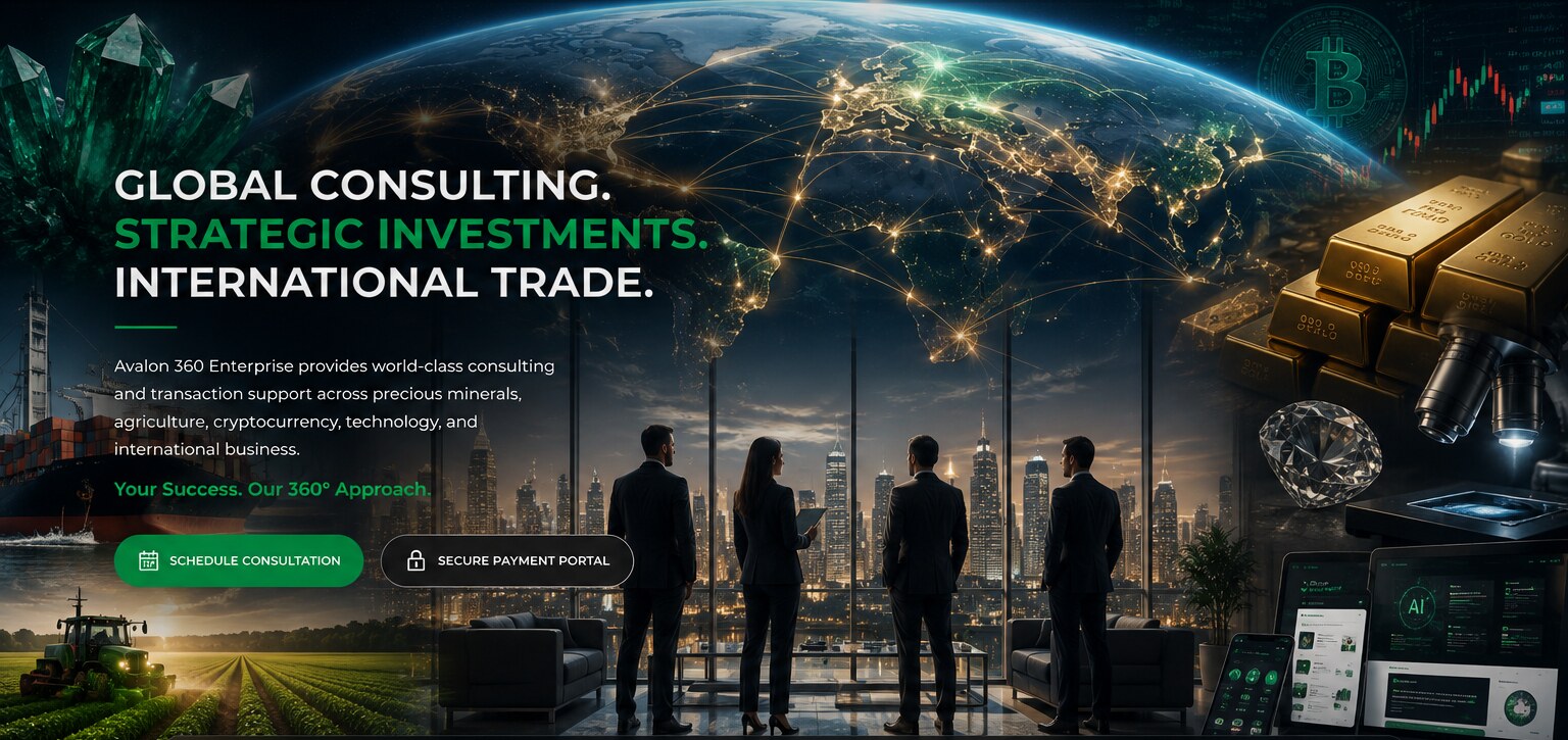 Global trade network above a corporate skyline with gold bars, emeralds, diamonds and digital markets