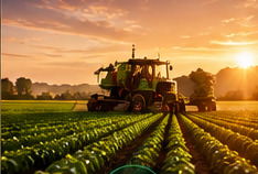 Tractor working a green agricultural field at sunset