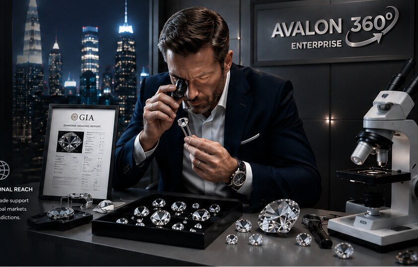 Gemologist examining a polished diamond under a loupe