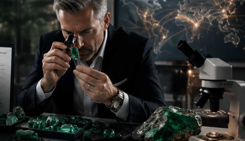 Emerald crystals and polished emerald gemstones