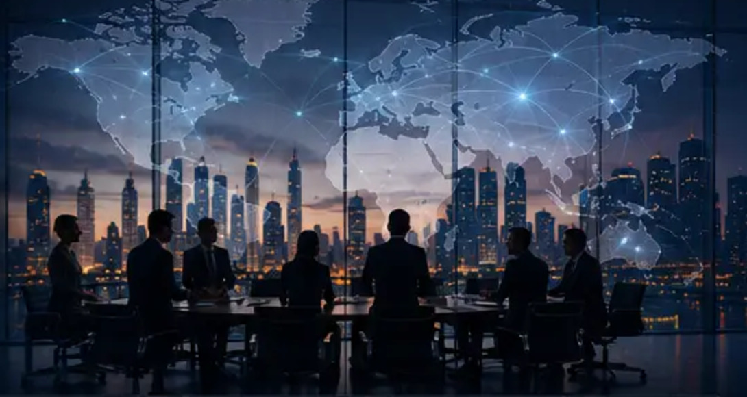 Executive team reviewing global operations in a boardroom