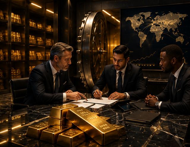 Stacked gold bullion bars in a secure vault