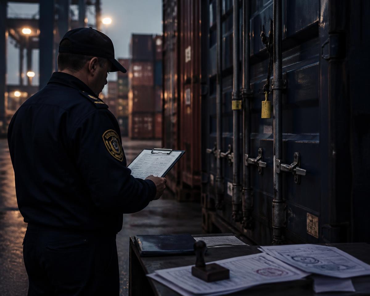 Customs officer reviewing clearance documentation beside sealed containers