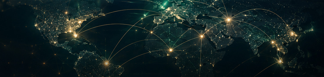 Illuminated world map showing global trade routes
