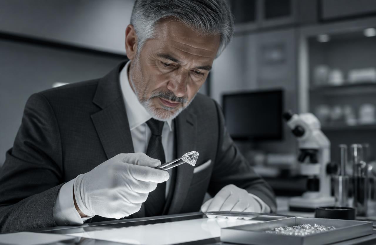 Senior diamond grader in a charcoal suit examining a loose polished diamond with tweezers over a lightbox