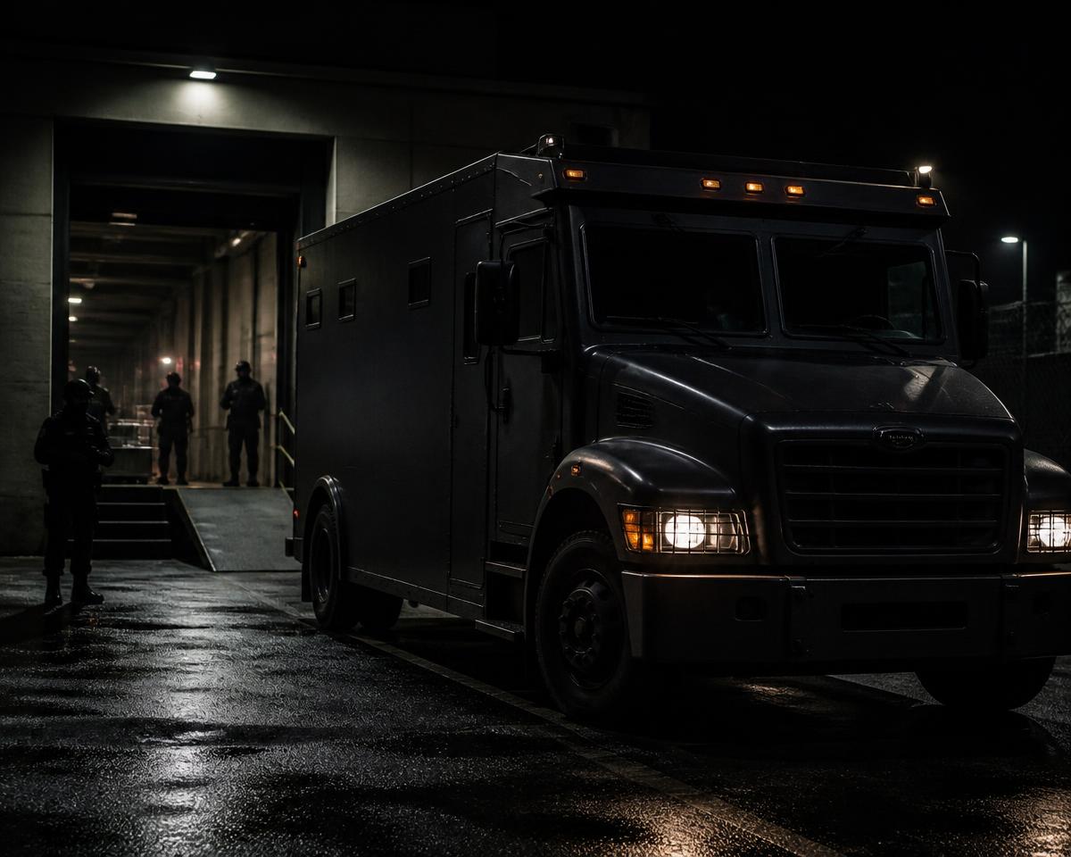 Armoured security transport loading high-value cargo at a secure bay