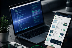 Laptop and mobile app dashboards on a desk