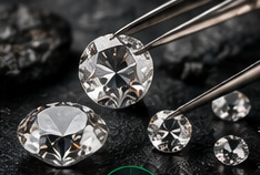 Polished diamonds held with tweezers