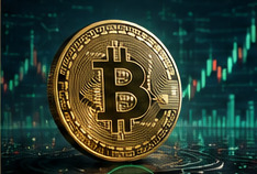 Bitcoin coin in front of green market charts