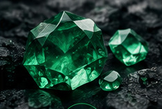 Rough emerald crystals on dark stone