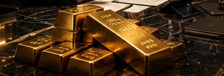 Gold bars stacked on a dark surface